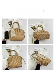 Detailed views of handmade straw tote bag with silk ribbon and pearl accents from multiple angles