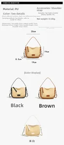 Detailed size chart and dimensions of the woven saddle bag in black, brown, and cream