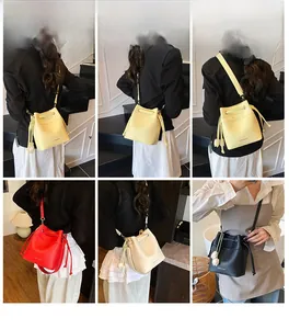 Collage of chic bucket bags in diverse colors showing leather texture and crossbody style