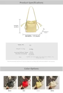 Detailed specs of PU bucket bag showing colors, dimensions and crossbody strap length