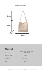 Detailed size specifications for the beige woven tote bag with 25x30x15cm dimensions