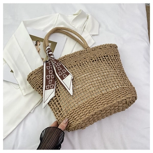 Detailed close-up of woven tote bag texture with decorative bear print silk scarf accent