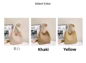 Detailed straw texture of woven tote bags in beige, khaki, and yellow summer colors