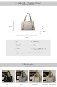 Detailed size chart for large canvas tote bag with 38x28x14cm dimensions and brand strap