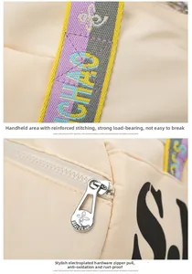 Detailed view of reinforced handles with yellow piping and premium chrome hardware zippers