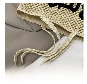 Détail d'un sac cabas en paille tissée avec des anses tressées et un motif de lettres