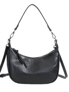 Minimalist black crescent crossbody bag with adjustable strap on white background