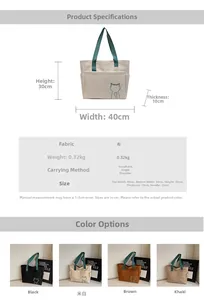 Detail view of cat embroidery canvas tote bag with 40x30x10cm size specifications