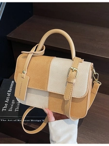Retro color-block contrast handbag with woven texture and adjustable shoulder strap