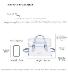 Detailed size comparison and material specifications for this multi-way PU leather tote bag