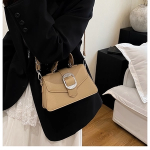 Detail der Handtasche mit Litschi-Textur, silberner Schließe und Schultergurt