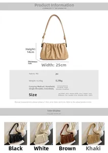 Detailed size specifications and color options for the pleated cloud shoulder bag