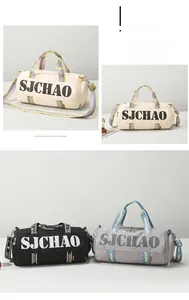 Three colors of lightweight travel bags in beige, black and gray with shoulder straps