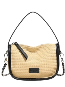 Fashionable straw shoulder bag with black leather trim and elegant chain strap for women