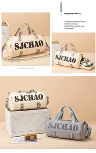 Detail view of a large travel bag showing independent shoe compartment for gym and sports