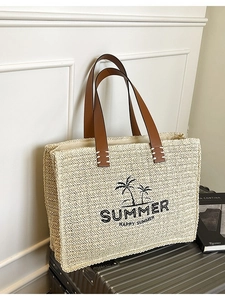 Women Large Capacity Straw Woven Tote Bag Summer Beach Shoulder Bag With Palm Tree Print And Durable Leather Handles