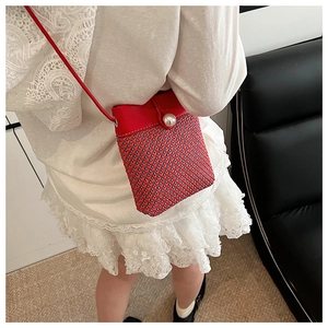 Detail of red and blue woven mini crossbody bag with a large pearl button closure