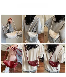 Detailed views of the crescent shoulder bag showing knot details and side angles