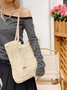 Summer Casual Hollow Out Crochet Woven Tote Bag For Women Large Capacity Beach Vacation Shoulder Bag With Metal Ball