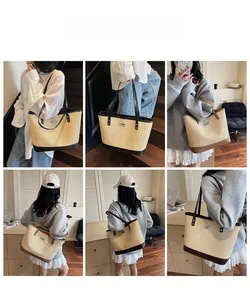 French style straw tote bag shown in various carrying styles and versatile angles