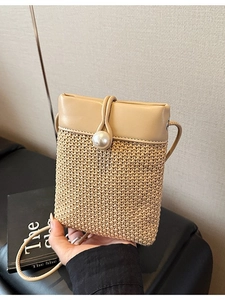Mini Straw Woven Crossbody Bag With Faux Artificial Pearl Button PU Leather Flap Vertical Phone Pouch For Women Summer Vacation