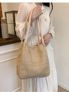 Women Casual Woven Straw Tote Bag Large Capacity Summer Beach Shoulder Bag Minimalist French Style Vacation Travel Handbag