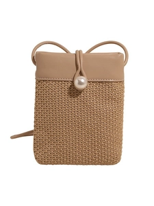 Minimalist straw woven crossbody phone bag with white pearl closure and leather trim