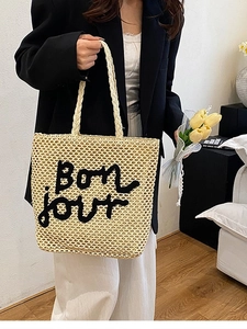 Sac Fourre-Tout en Paille Tissée avec Broderie Bonjour Style Français Femmes Été Plage Vacances Grand Sac à Bandoulière