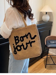 Sac fourre-tout en paille tissée avec broderie Bonjour noire et bandoulières