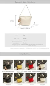 Size chart showing large capacity bucket bag dimensions 24x19.5x13cm with long strap