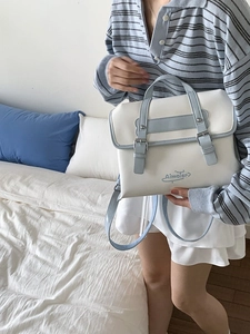 Elegant white and light blue faux leather satchel bag for women with high capacity