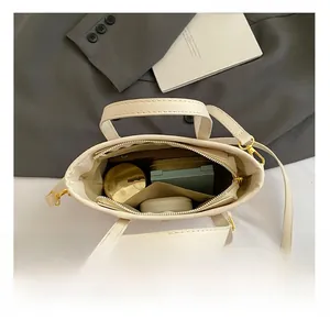 Top view of bucket bag interior showing spacious compartments for daily essentials