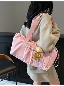 Pink large capacity canvas crossbody bag with drawstring pocket and cute bear charm