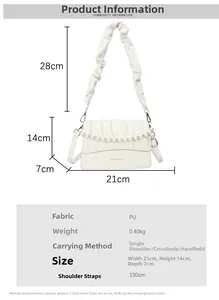 Detailed size chart for white PU pleated shoulder bag with strap and pearl chain measurements