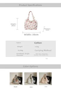 Detailed size chart and three floral canvas tote bags in khaki, beige, and pink colors