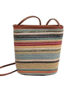 Sac seau tissé à rayures colorées avec lanières en cuir pour un style bohème