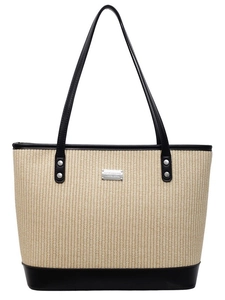 Minimalist straw tote bag with black trim and silver metal brand plate for women