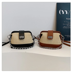 Detail of woven chain bags in black and brown with metallic clasps and leather flaps