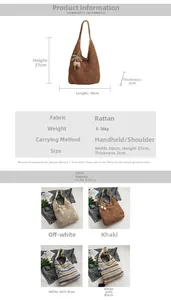 Detailed view showing straw woven shoulder bag dimensions and color options in brown and beige
