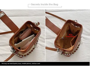 Detail view of contrast color crossbody bag interior showing main pocket capacity