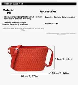 Detailed size and material diagram for red woven PU handbag with dimension markings