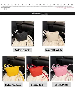 Collection of woven bucket bags in black, off-white, yellow, red, and pink colors