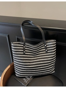 Handmade Straw Woven Tote Bag For Women Large Capacity Striped Beach Vacation Shoulder Bag With PU Leather Strap Handbag