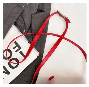 Close-up of red woven leather handbag with adjustable strap and silver metal buckle