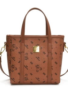 Brown leather tote bag with cartoon mouse print and gold logo hardware on white background