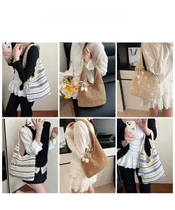 Collage of multi-colored hollow woven tote bags with tulip charms in daily use