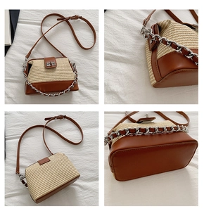 Detail view of woven straw crossbody bag with brown leather trim and silver chain
