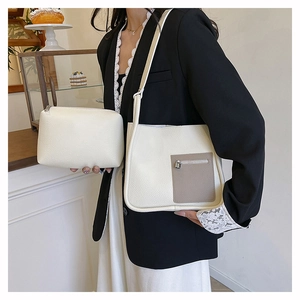 Litchi texture leather shoulder bag with taupe pocket and matching small pouch