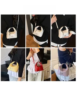 Collage of four vibrant colors of fashionable leather crossbody dumpling bags with chain