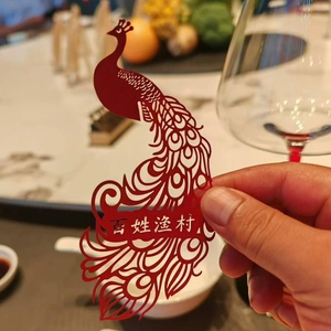 Laser cut red peacock place card for restaurant glasses with hollow feather design